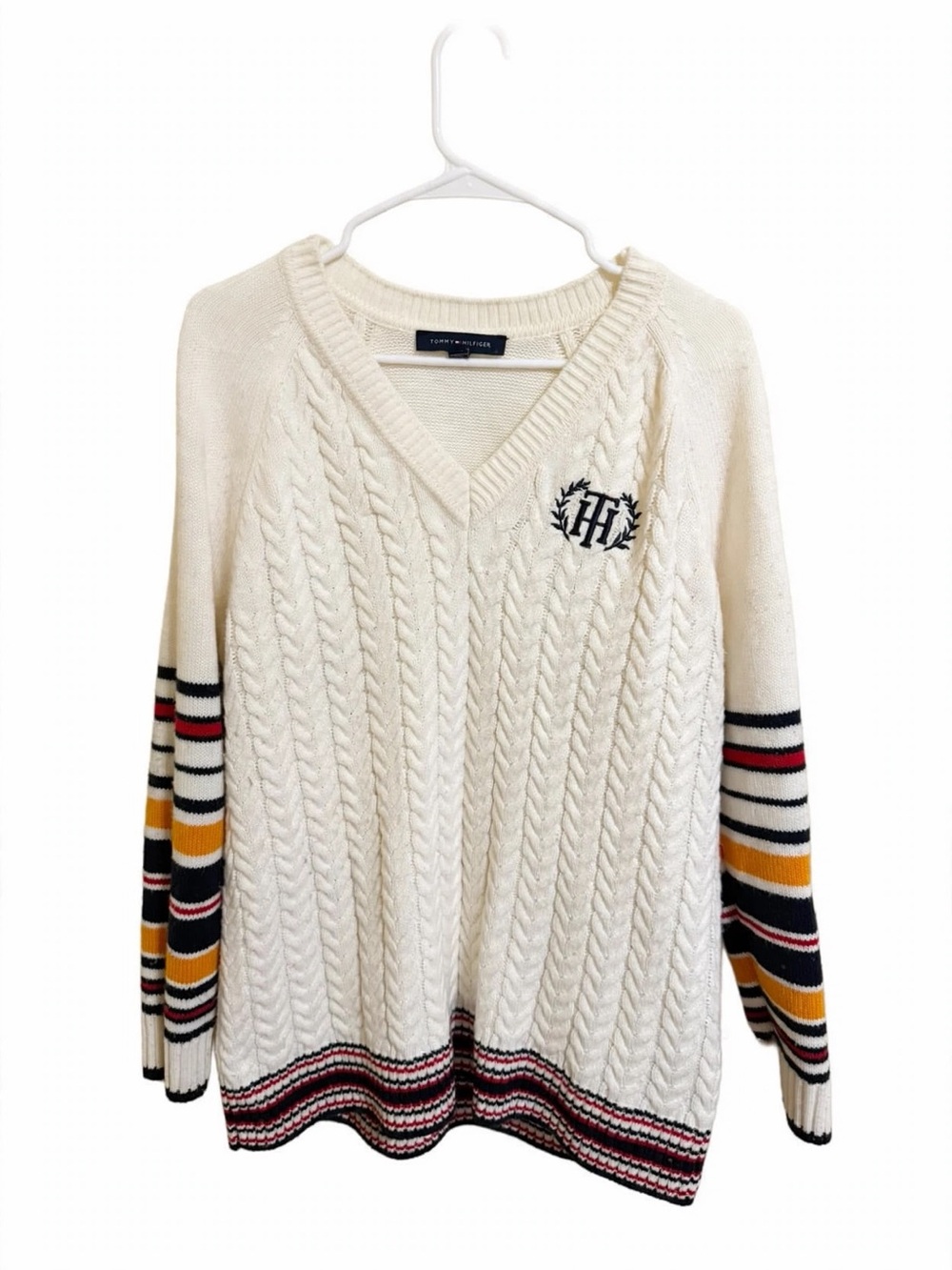 Tommy Hilfiger Cream Cable-Knit V-Neck Sweater with Striped Sleeves